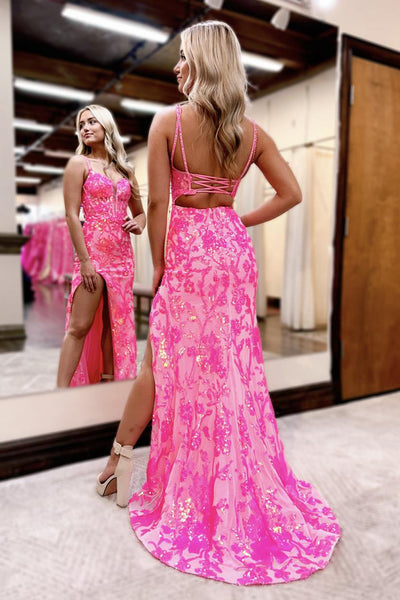 Charming Mermaid V Neck Pink Lace Sequins Slit Prom Dress DM241208