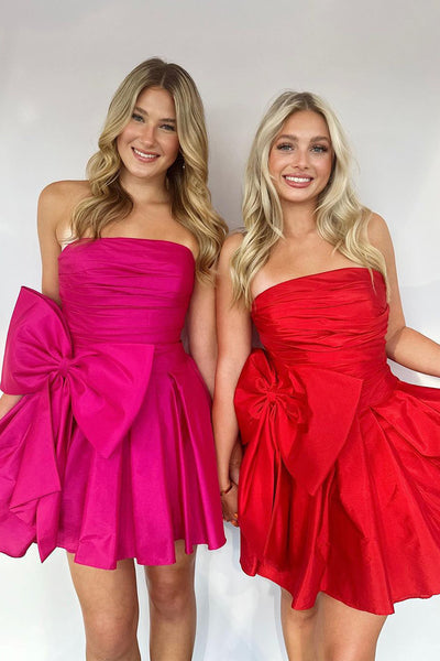 A Line Strapless Fuchsia Satin Big Bow Homecoming Dresses DM24080205