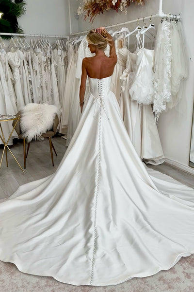 Simple A-Line Strapless White Satin Wedding Dresses with Train DM26103002