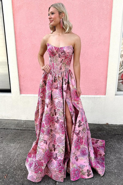 A Line Scoop Neck Jacquard Satin Prom Dress with Slit DM52120801