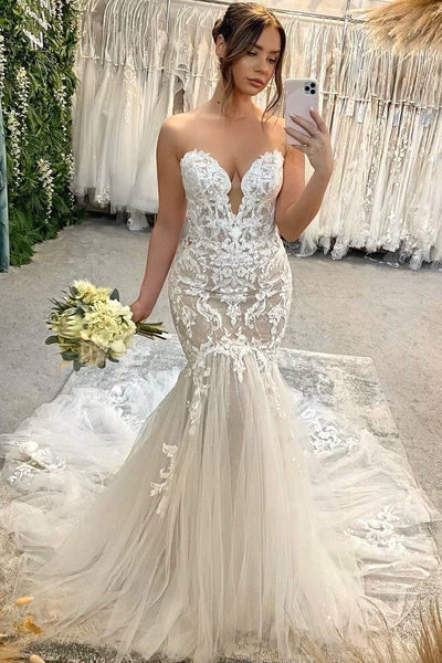 Sexy Mermaid Sweetheart Tulle Wedding Dresses with Appliques DM4070306