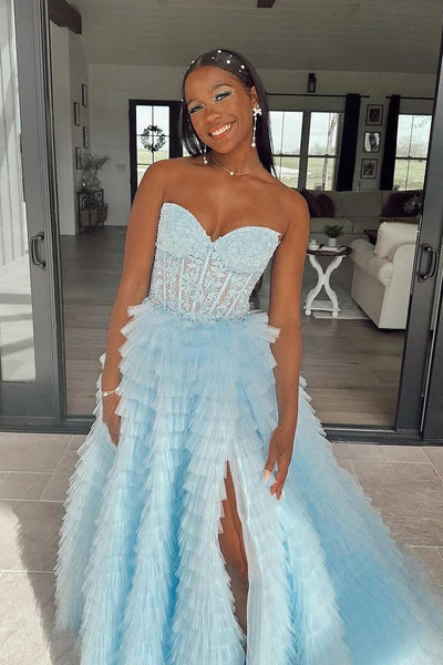 Princess A Line Strapless Ruffle Tiered Tulle Long Prom Dresses DM24062904