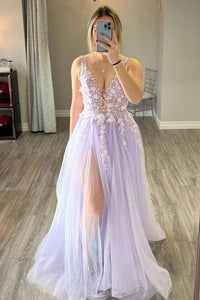 light purple deep v neck maxi dress Charming Long A Line Light Purple Prom Dress with Deep V Neck and Appl JLDressCA