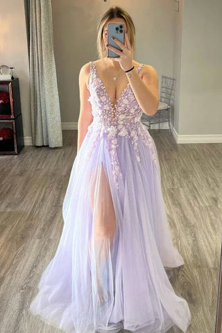 Charming A Line Deep V Neck Light Purple Long Prom Dress with Appliques MD112301