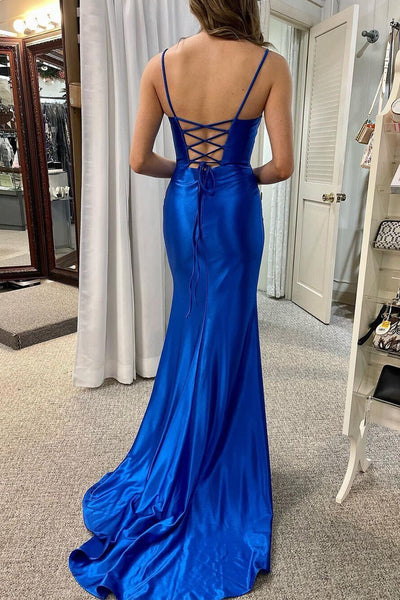 Royal Blue Scoop Neck Satin Mermaid Long Prom Dress with Slit MD4022902