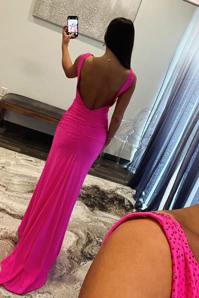 Mermaid V Neck Fuchsia Satin Beaded Long Prom Dress MD4031102