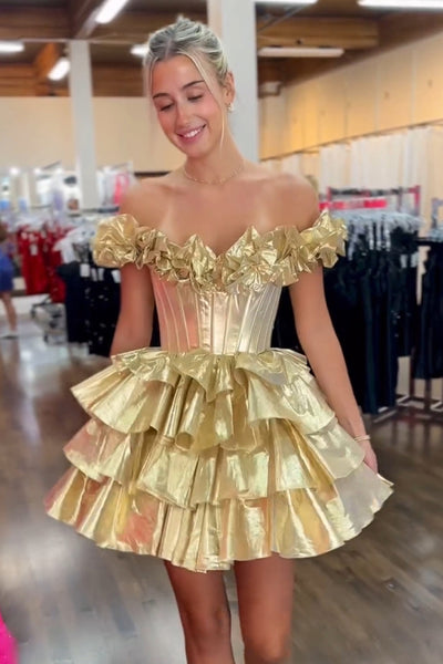 Gold Off the Shoulder Tiered Homecoming Dresses with Ruffles DM24080310