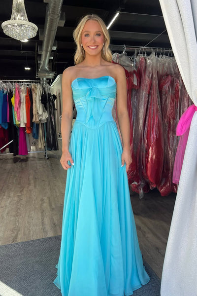 Simple A-Line Strapless Blue Chiffon Long Prom Dresses with Bow DM16021508