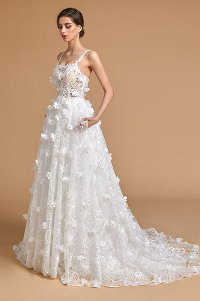 Gorgeous Ball Gown Scoop Neck Sparkly Lace Long Wedding Dresses with 3D Flowers DM082715