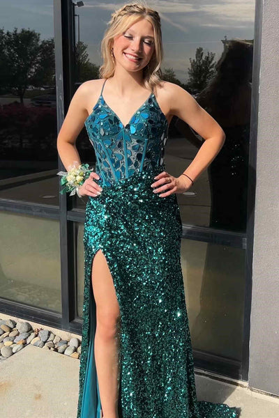 Straps Black V-Neck Mirror Sequin Long Prom Dress MD121805