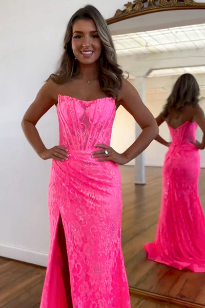 Mermaid Strapless Pink Lace Long Prom Dress with Slit DM4063007