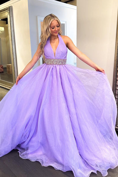 A-Line Halter Lilac Organza Long Prom Dresses with Beadings MD4013005