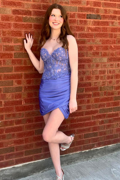 Bodycon Strapless Periwinkle Satin Short Homecoming Dresses with Appliques DM4070401