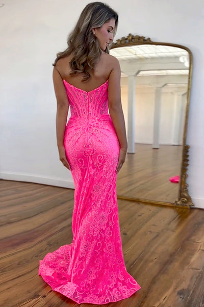 Mermaid Strapless Pink Lace Long Prom Dress with Slit DM4063007