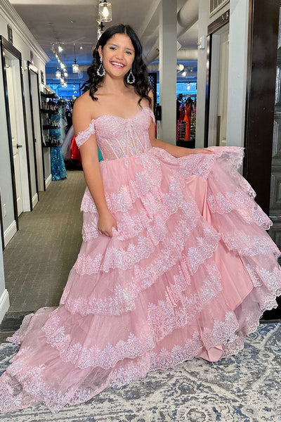 Pink Off the Shulder Tiered Tulle Lace Long Prom Dress with Slit MD120405