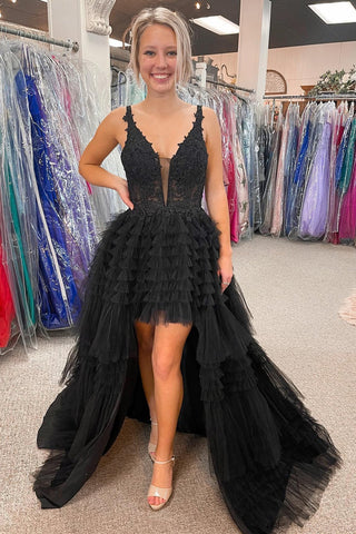 High-Low Tulle Plunge V Tiered Formal Gown with Ruffles MD103005