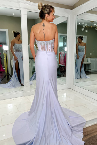 Cute Mermaid Scoop Neck Light Grey Satin Prom Dress with Beading DM16021106