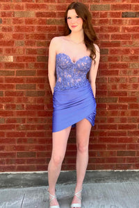 Bodycon Strapless Periwinkle Satin Short Homecoming Dresses with Appliques DM4070401