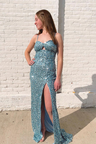 Blue Sweetheart Keyhole Sequins Mermaid Long Prom Dress with Slit MD4032403