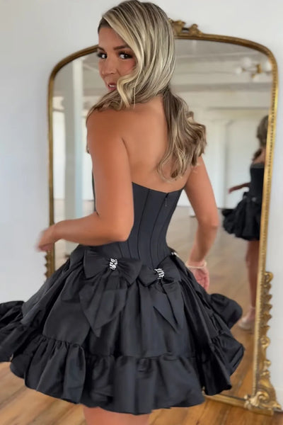 A-Line Strapless Black Satin Short Homecoming Dresses with Bow DM24071905