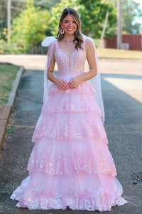 Fairy A Line V Neck Pink Tulle Prom Dresses with Appliques DM24101505