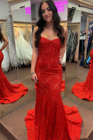 Mermaid Sweetheart Red Lace Long Prom Dresses with Beaded MD4022102