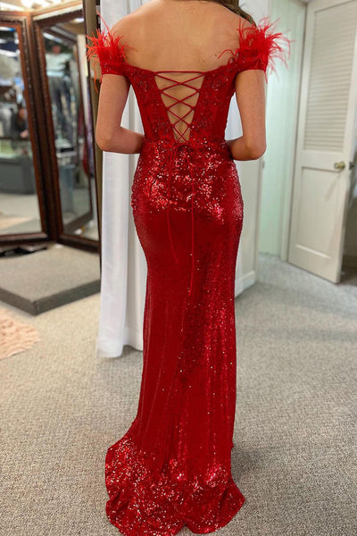 Red Off the Shoulder Sequin Lace Mermaid Prom Dresses with Feather MD4011102