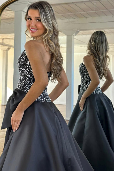 Gorgeous A Line Scoop Neck Black Satin Prom Dress with Bow DM26011705