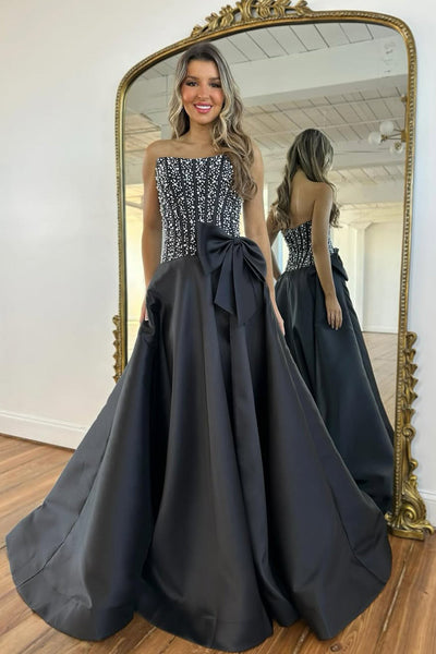 Gorgeous A Line Scoop Neck Black Satin Prom Dress with Bow DM26011705