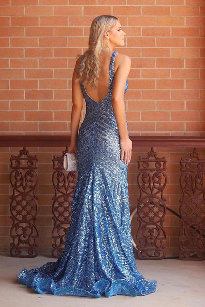 Blue V Neck Sequin Mermaid Long Prom Dress MD4012805