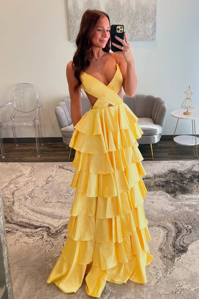Cute A Line V Neck Yellow Satin Tiered Prom Dress DM26011002