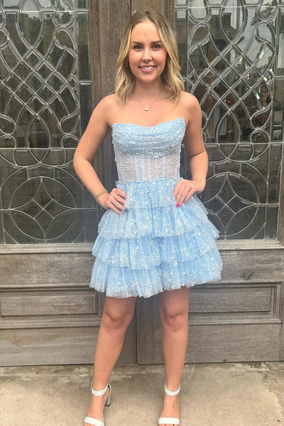 Light Blue Corset Strapless A-Line Tiered Short Homecoming Dress with Beaded MD0903020