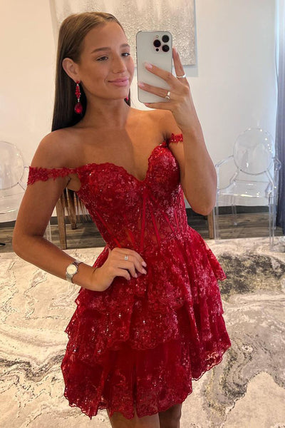 Cute A-Line Off the Shoulder Dark Red Sequins Lace Short Homecoming Dresses LD3062904