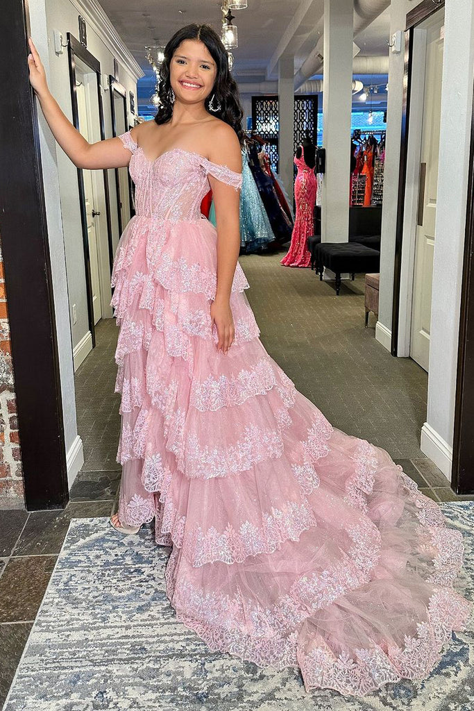 Pink Off the Shulder Tiered Tulle Lace Long Prom Dress with Slit MD120405 Dressmeet Pink Off the Shulder Tiered Tulle Lace Long Prom Dress with Slit MD120405 Dressmeet