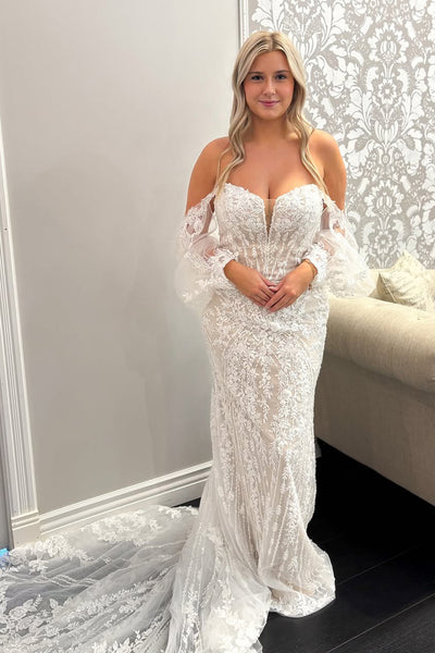 Mermaid Off the Shoulder Long Sleeves Tulle Lace Wedding Dresses with Train DM25102201