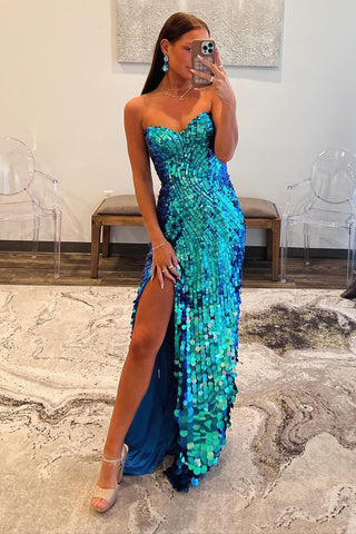 Mermaid Strapless Blue Sequins Long Prom Dress MD4050904