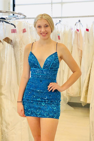 Beautiful Blue V-neck Spaghetti Straps Sleeveless Short Homecoming Dresses With Lace MD092209