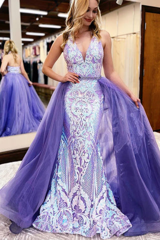 Lavender Sequins Lace Halter Mermaid Long Prom Dresses MD100307