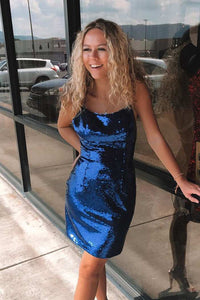 Shinning Sequins Spaghetti Straps Navy Blue Homecoming Dresses LD3062002