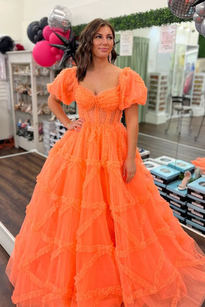 Orange Sweetheart Tulle Ball Gown Long Prom Dress MD4020202