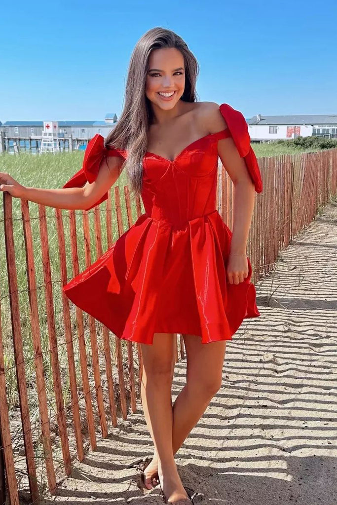 Pretty A-Line Off the Shoulder Red Satin Short Homecoming Dresses with Dressmeet Pretty A-Line Off the Shoulder Red Satin Short Homecoming Dresses with Dressmeet
