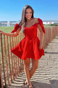 Pretty A-Line Off the Shoulder Red Satin Short Homecoming Dresses with Bow DM24071005