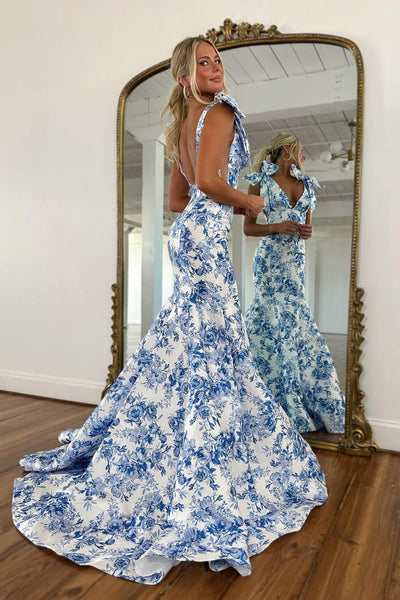 Gorgeous Mermaid V Neck Flower Print Satin Prom Dress DM1111207