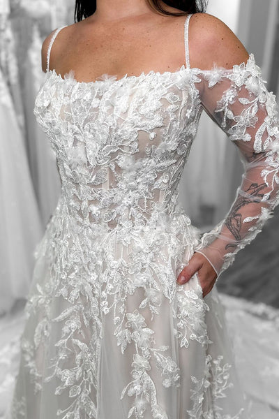 Dazzling A-Line Cold Shoulder Lace Wedding Dress with Appliques DM4070709