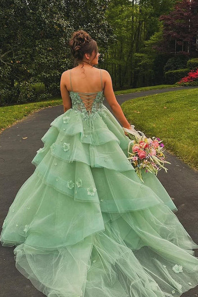 Cute Ball Gown Sweetheart Sage Green Tulle Long Prom Dresses with Appliques DM24101503