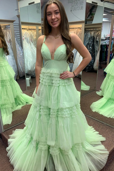 Light Green Layers Spaghetti Straps A-line Long Prom Dress MD121305
