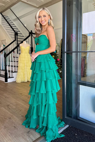 Cute A Line Sweetheart Green Tiered Chiffon Prom Dress DM25012903