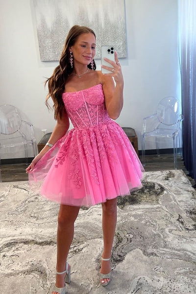 Cute A Line Strapless Hot Pink Tulle Short Homecoming Dress with Appliques MD083005