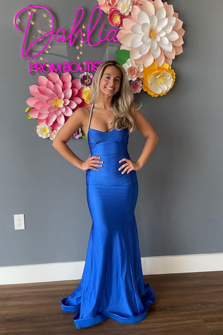 Blue Mermaid Halter Long Prom Dress with Beading MD4041001