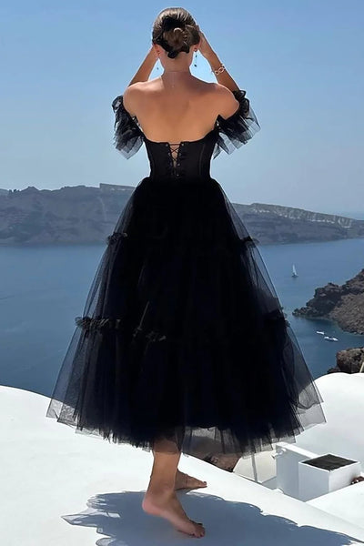 Black A-Line Corset Ruffled Tulle Homecoming Prom Dress MD091404